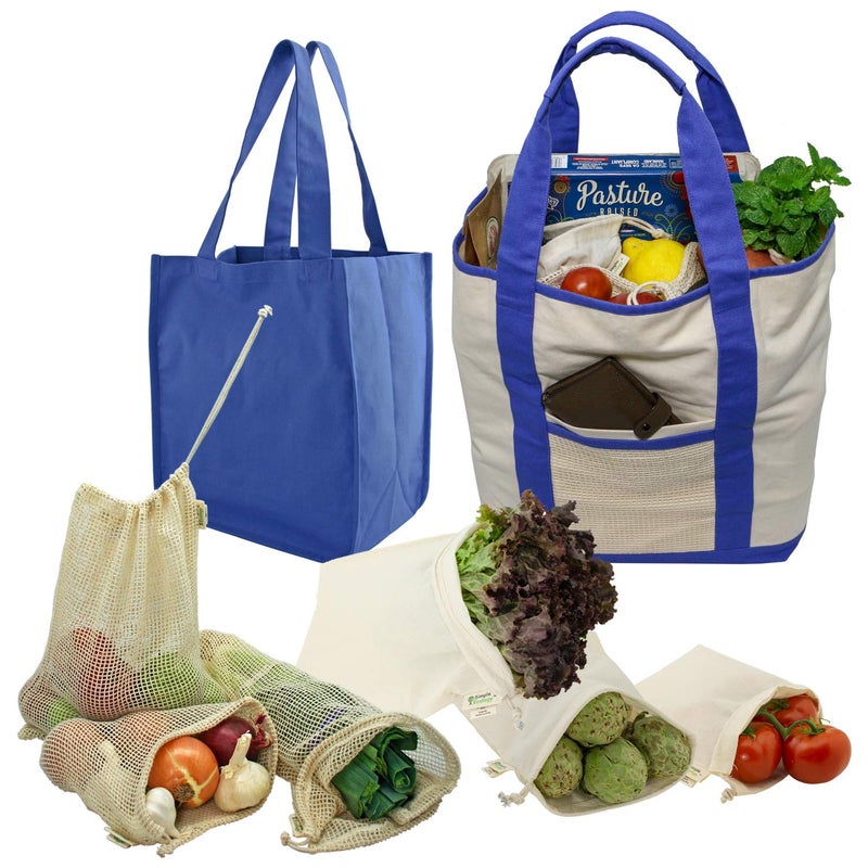 Simple Ecology Reusable Farmers Market Shopping 6 Bag Gift or Starter Set, Durable, Organic Cotton and Jute, Natural with Brown - Image 1